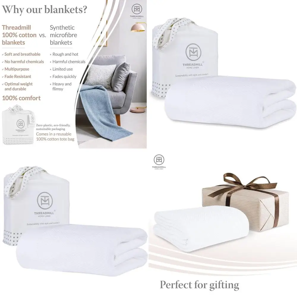 

Queen Size Cotton Blanket - All-Seasons Breathable Oeko-Tex Certified, 100% Cotton, 90x92 inches, White