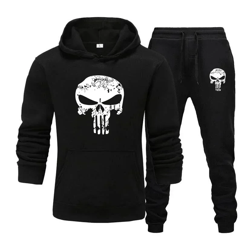 

2-piece sportswear hooded men's skull brand autumn and winter hoodie+drawstring pants men's sportswear hooded running sportswear