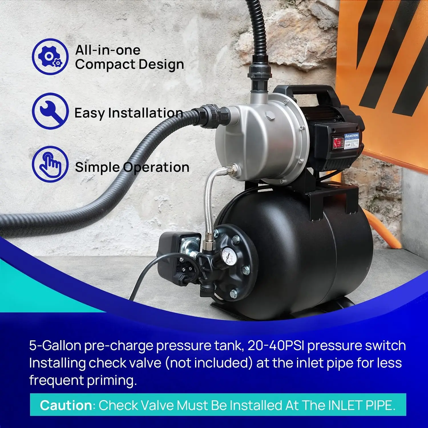 1.6HP Shallow Well Pump with Pressure Tank, 1320GPH, 115V, Stainless Steel Irrigation Pump, Automatic Water Booster Jet Pump