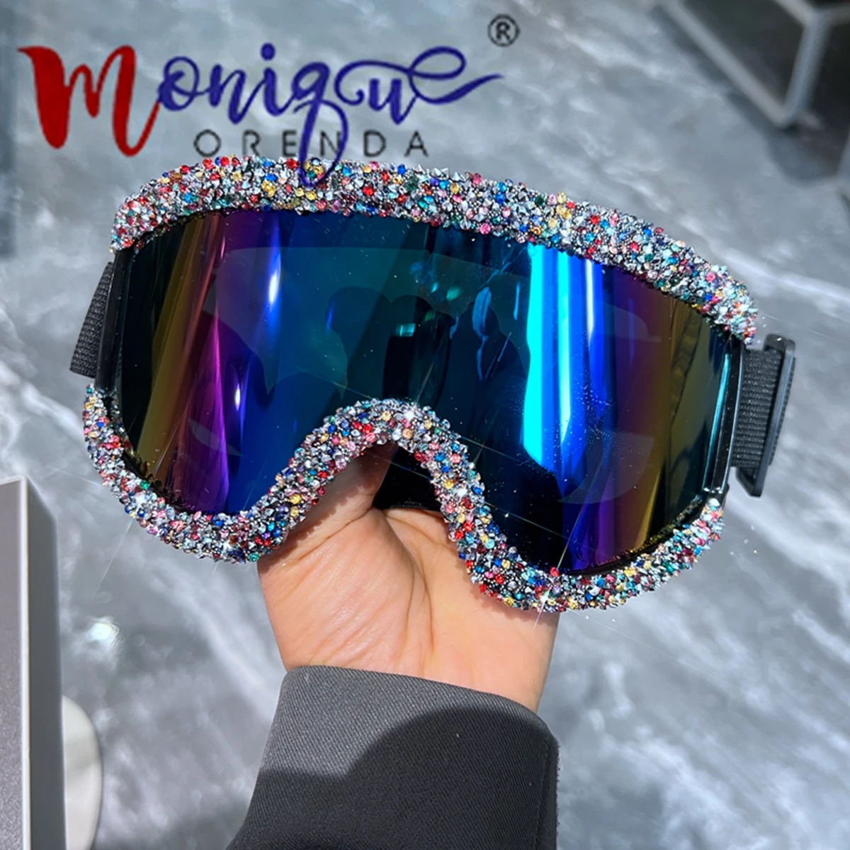 Full Rhinestone Ski Goggles, Windproof Ciclismo Motocicleta Goggles, Snowboard Ski Óculos, Óculos ao ar livre, Inverno