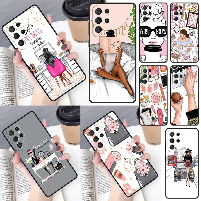 فتاة بوس الوردي المرأة الكرتون غطاء لسامسونج غالاكسي S23 S24 S25 الترا S22 S20 S21 FE زائد نوت 10 20 الترا جراب هاتف