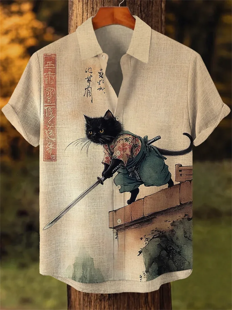 New men's retro color blocked short sleeved ethnic retro animal short sleeved linen shirt casual fashion shirt top