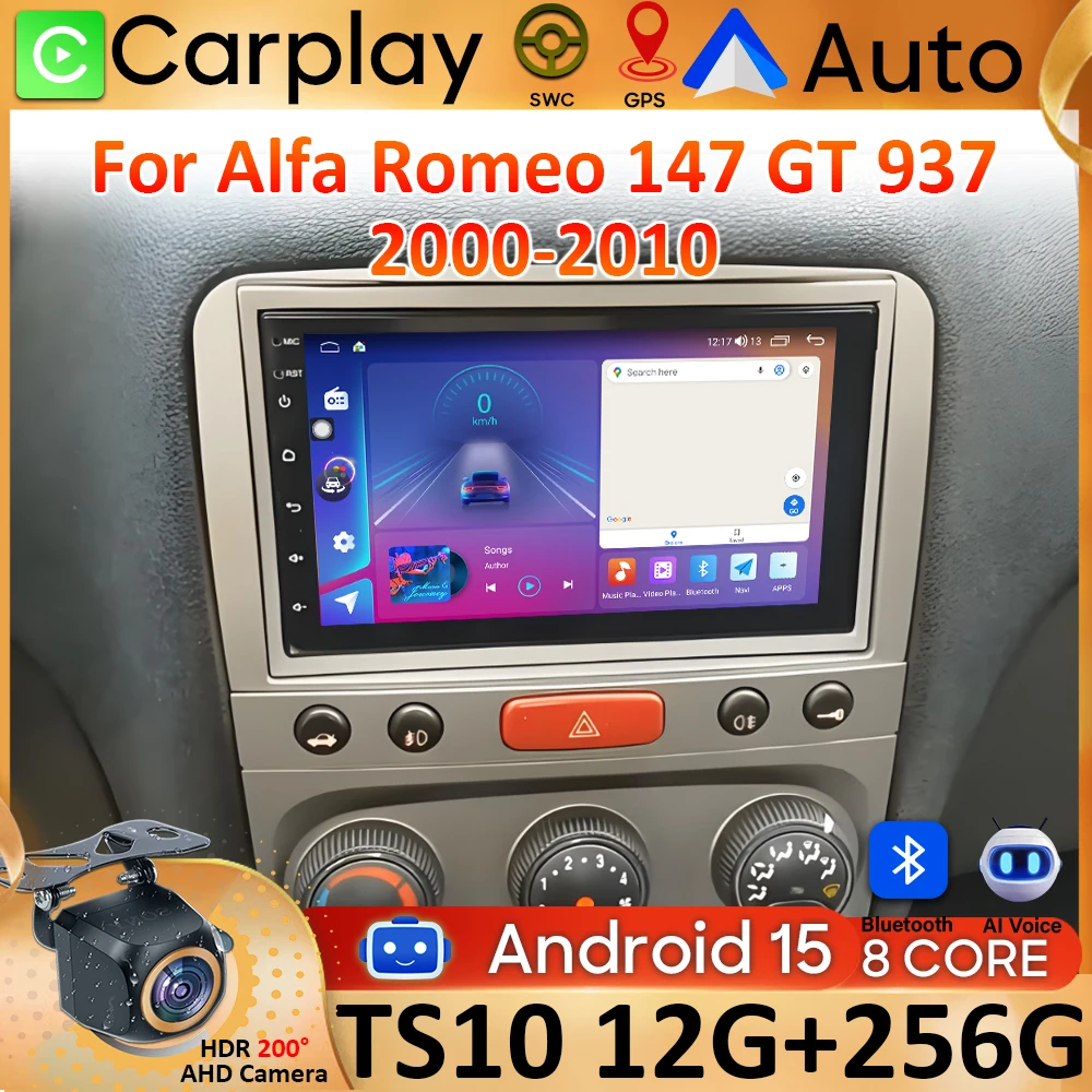أندرويد 15 Carplay ل ألفا روميو 147 GT 937 2000-2010 نظام تحديد المواقع والملاحة فيديو راديو السيارة لتحديد المواقع السيارات الوسائط المتعددة شاشة السيارة DVD