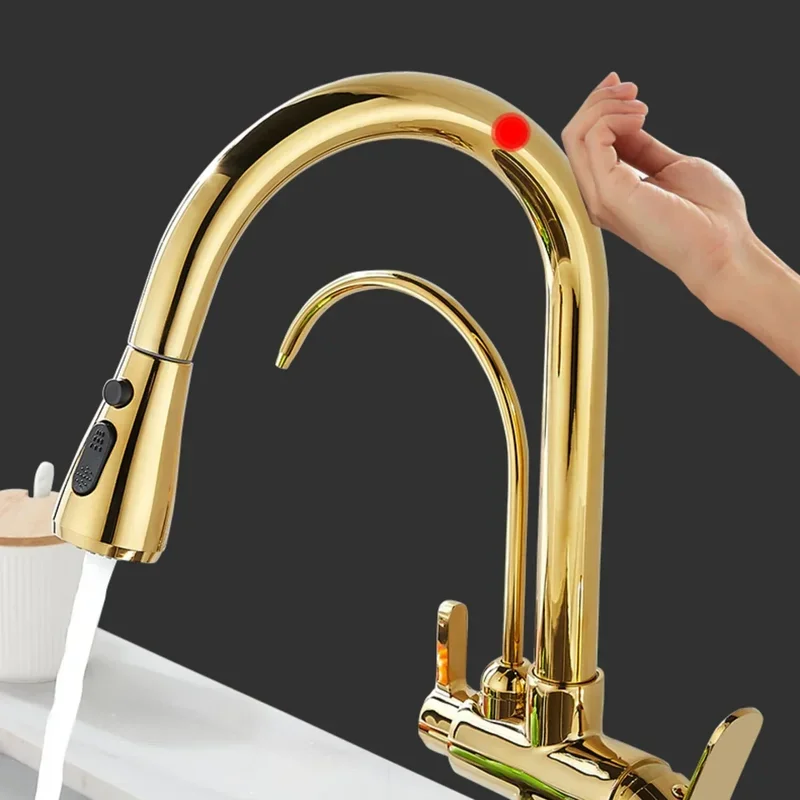 Gold filter faucets 3 ways hot cold pull out mixer tap solid brass Golden sensor kitchen faucet