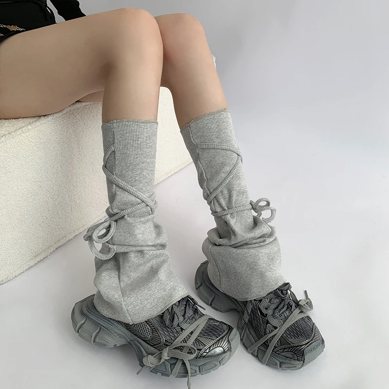 Foot Sock Women's Solid Color Knitted Cotton Thickened Warm Simple Fashion Leg Warmer Gray Lace-up Socks Spring Autumn Mid-Calf