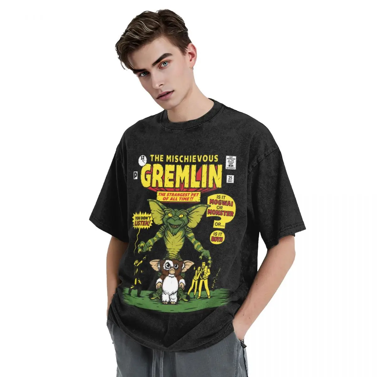 The Mischievous Gremlin Washed T Shirts Streetwear T-Shirt Gremlins Gizmo Monster 80s Horror Christmas Movie Tee Shirt Oversize