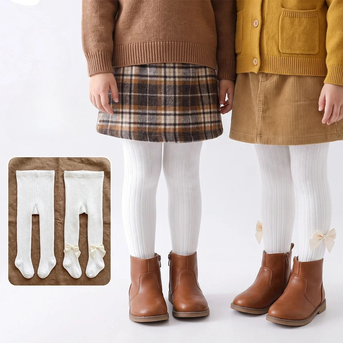 Girls' Base Tights for Spring Autumn, Vertical Stripe High-Elastic Warm,  for Kindergarten Daily Home Bow Cute Baby Socks,
