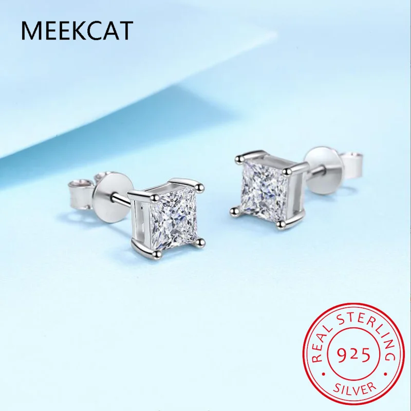 Princess Cut 2CT Diamond Test Passed Moissanite Rhodium Plated 925 Silver D Color Moissanite Stud Earrings Jewelry Couple Gift