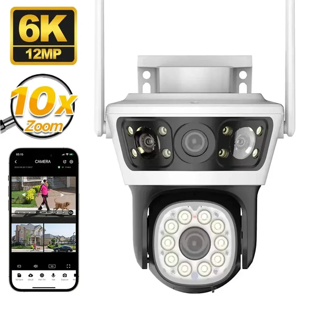 

6K 12MP Wifi IP Camera Triple Screen Triple Lens AI Auto Tracking 6MP Dual Lens Cam P2P Outdoor Audio Video Camera Surveillance