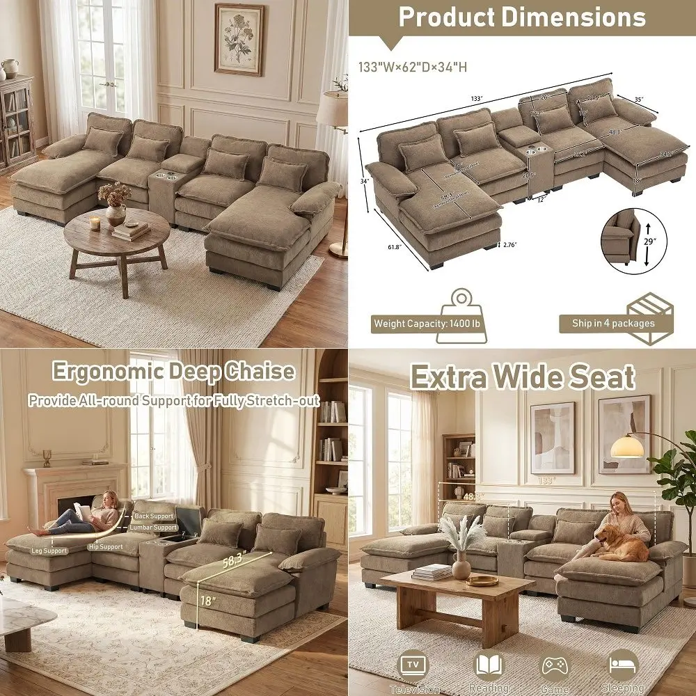 

Oversized U Shaped Cloud Couch Modular Sectional Couches for Living Room Comfy Chenille Deep Seat Sofa Set with Double Chaise L