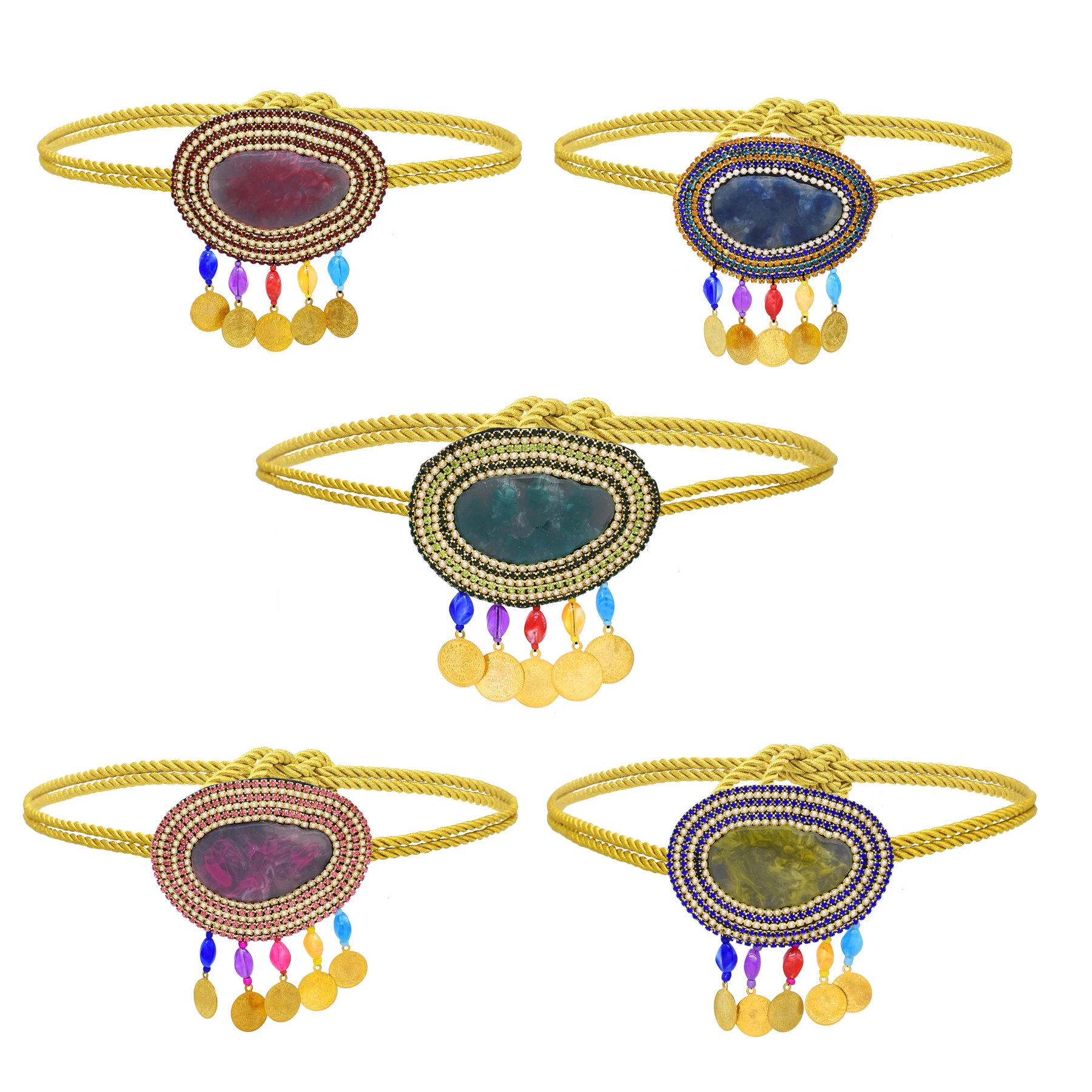 New Fashion Colorful Stone Rhinestone Golden Coins Tassel Rope Belt Body Jewelry Bohemian Thai Dai Women\'s Waist Belly Chains