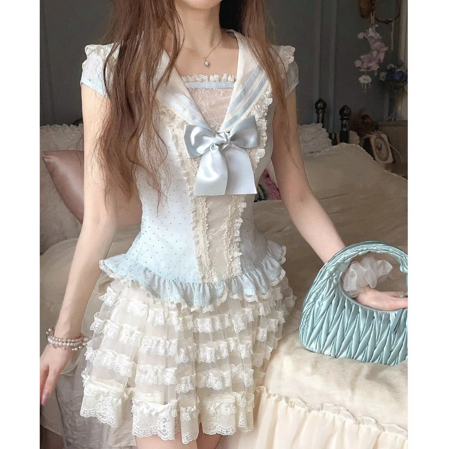 

Japanese Lolita Style Sweet 2 Piece Set Women Kawaii Bow Lace Tops Ruffles Mini Cake Skirts Hot Girls Fashion Y2k Outfit