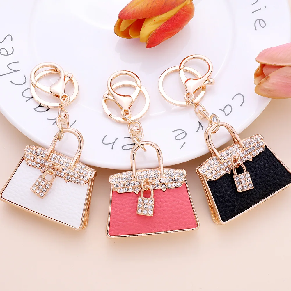 Fashion Cute Leather Crystal Women Handbag Key Chain Rhinestone Lock Bag Lady Wedding Jewelry Trinket Car Keychain Girl Gift K63