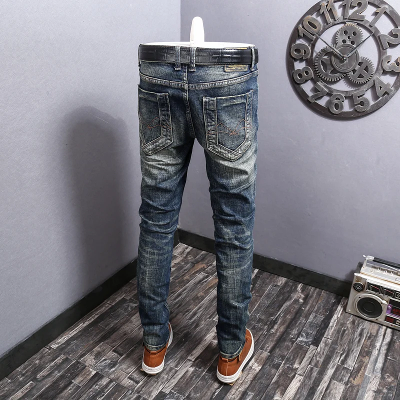 Fashion Trendy Men Jeans Retro Dark Blue Elastic Stretch Slim Fit Ripped Jeans Men Embroidery Patched Vintage Denim Pants Hombre