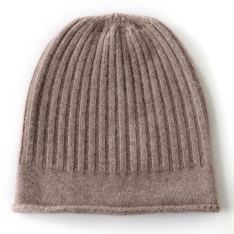 100% Cashmere Knitted Hat Unisex Warm Winter Cap Pure Color Simple Design Fashionable Business Style Foldable round Cuff Edge