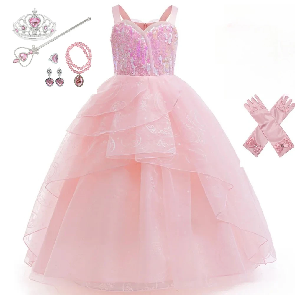 

Movie Magic Wicked Witch Pink Costume Dress Girls Cosplay Costume Halloween Outfits with Crown Birthday Party Gown