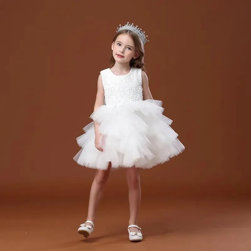 2025 Mädchen-Partykleid, Spitze, Prinzessin, Blumenmuster, Kinderkleid, Party, Geburtstag, elegantes Mädchen, Brautjungfer, Vestido Menina, weißes Mädchenkleid