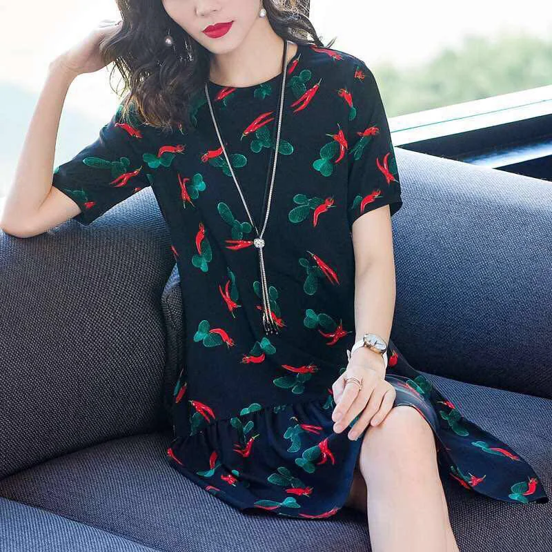 Fashion Loose Printed Folds Korean Mini Dress Women\'s Clothing 2023 Summer New Oversized Short Sleeve Office Lady Floral Dress