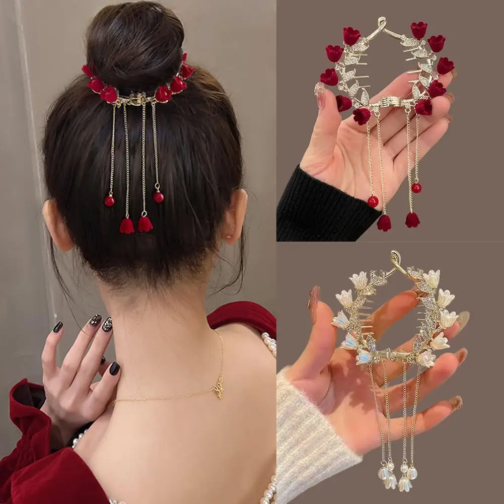 

1PCS Tassel Camellia Hair Claw Clip Pill Head Ponytail Buckle Hair Clip Bell Orchid Twist Hair Clip Frog Buckle Hair Grips