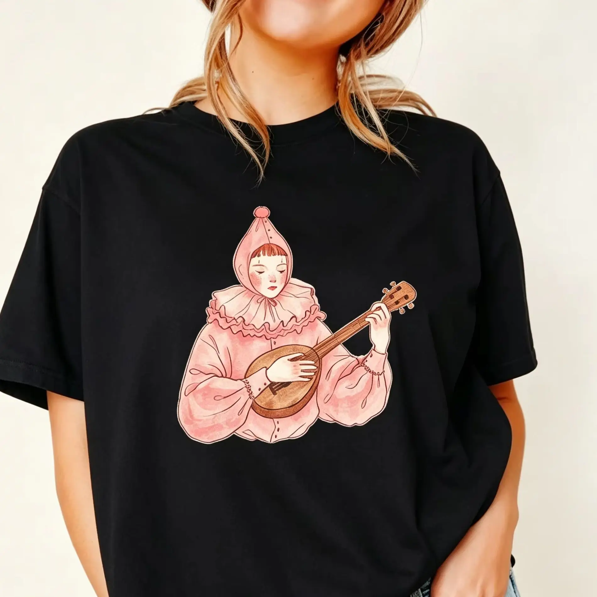 Vintage Watercolor Pierrot Playing Lute Graphic T‑Shirt, Melancholy Retro Clown Art Women Casual Short Sleeve Tee