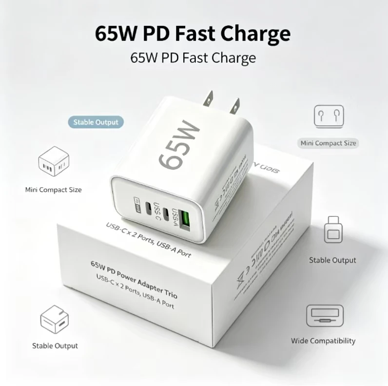 65W GaN Fast Charging USB Type C Charger US Plug PD 3.0 Quick Charge Travel Wall Charger For Phone Adapter For iPhone Samsung