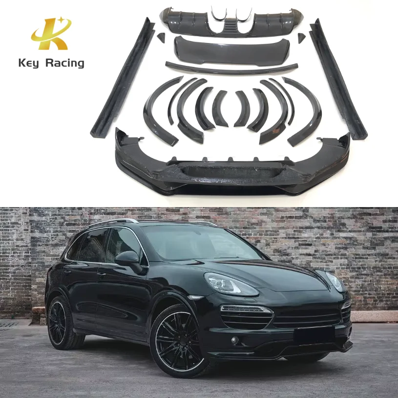 For Porsche Cayenne Turbo Upgrade Carbon Fiber TKT Style Bodykit Front Lip Wheel Eyebrow Side Skirts Rear Diffuser Rear Spoiler