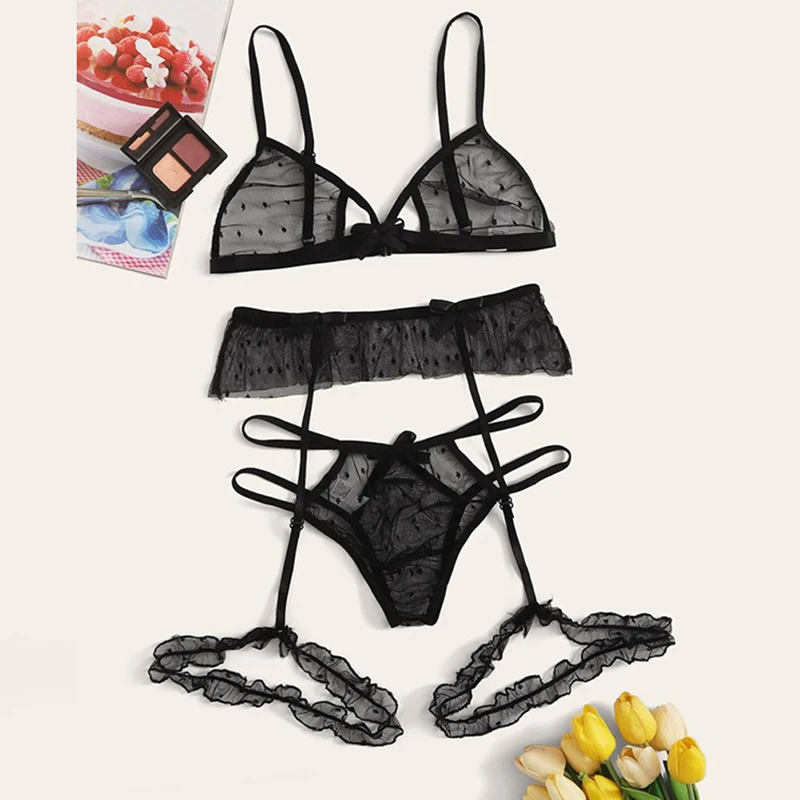 Conjunto Lingerie Sexy de renda feminino, sutiã transparente e tanga, cueca plissada, pornô