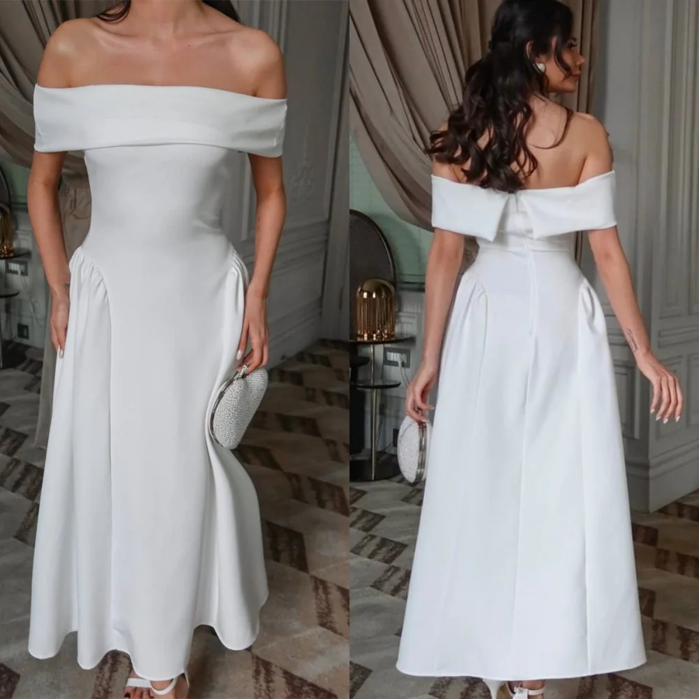 

Customized Elegant White Jersey Evening Dress Delicate Strapless Off the Shoulder Short Sleeves Zipper Back Homecoming Dress