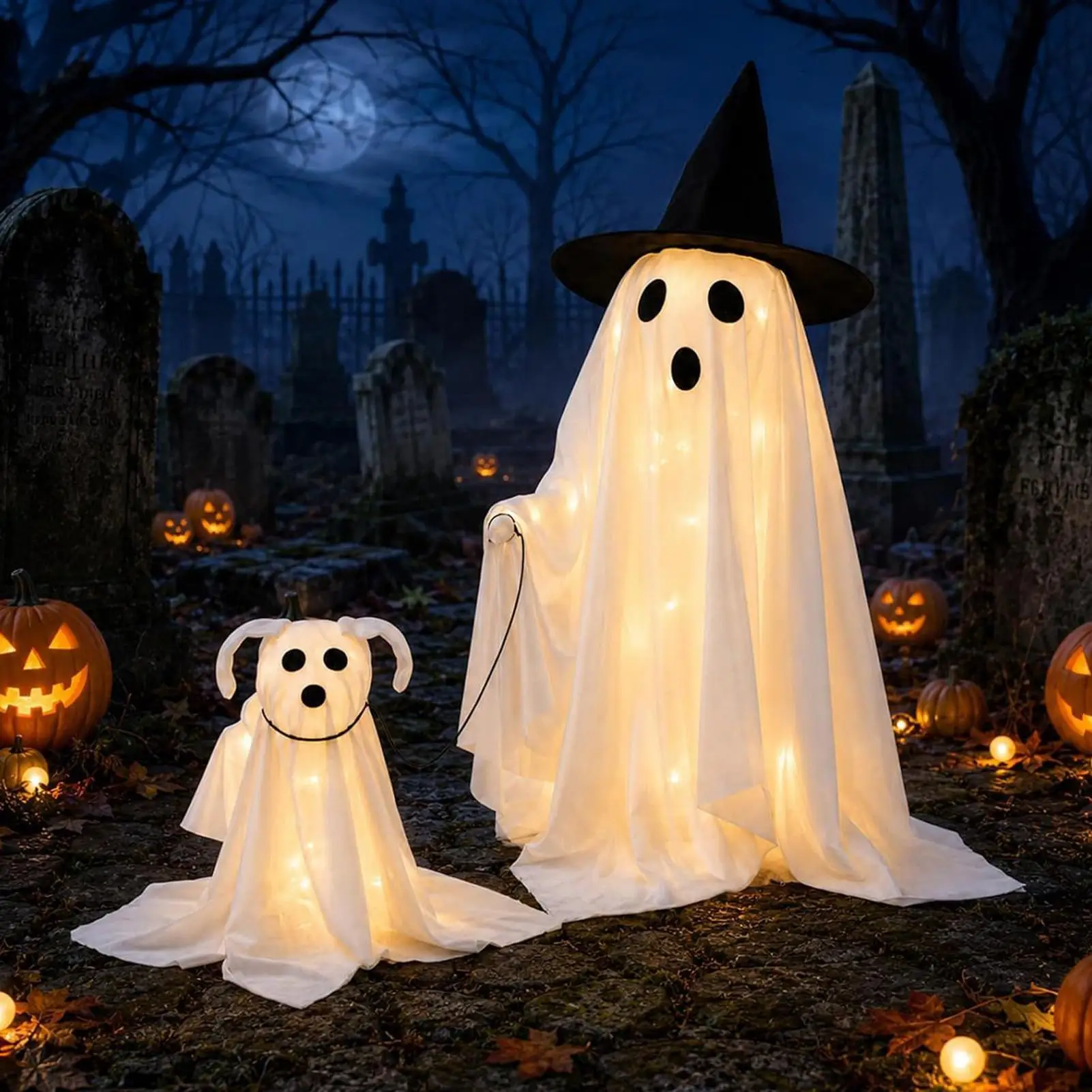 Halloween Ghost Decor Light Up Walking Dog Spooky Haunted House Figurines Outdoor Yard Lawn Porch Mantel Shelf Ornament