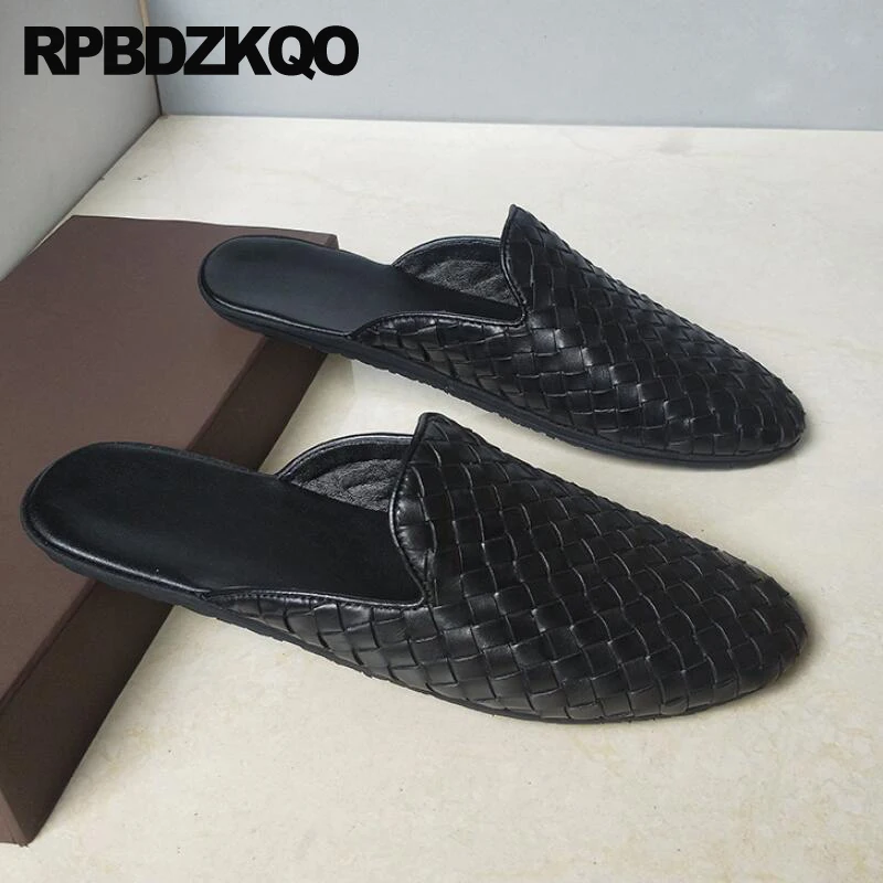 Designer Shoes Men High Quality Big Size Black Woven Slides Closed Toe Large Slippers Summer Genuine Leather 45 Italian Sandals