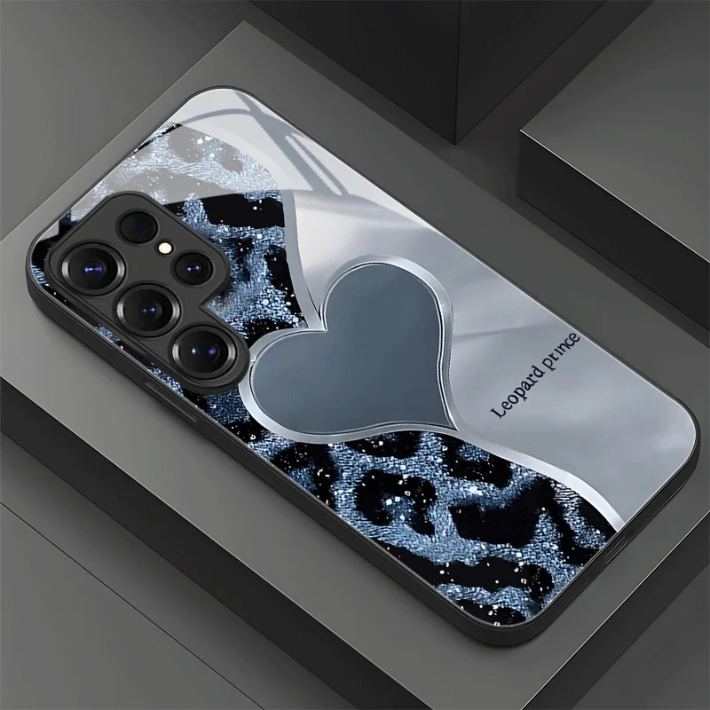 Leopard patterned heart-shaped design glass phone case suitable for Samsung GalaxyS26 S25 S24 S22 S21 S20FE/Ultra/Plus anti drop