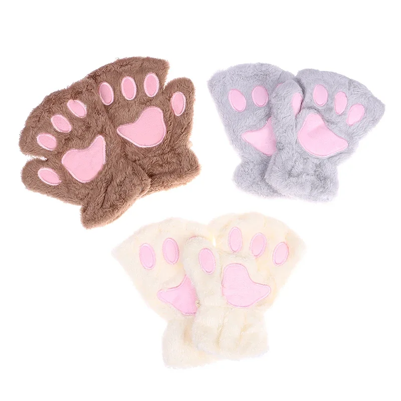 Cartoon Cute Cat Claw Paw Gloves Women Plush Mittens Warm Soft Plush Short Fingerless Fluffy Bear Cat Gloves Costume Half Finger