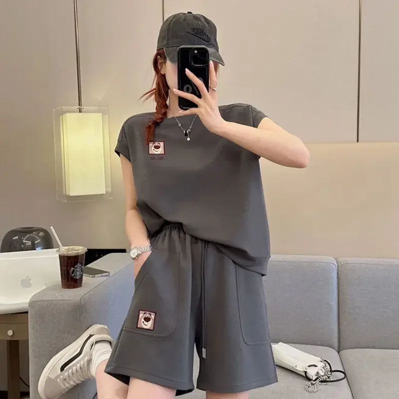 

2025 Summer new Fashion Sports Suit Women's Loose Casual Large Size Korean Version Short Sleeves Shorts Running 2 Two piece Sets