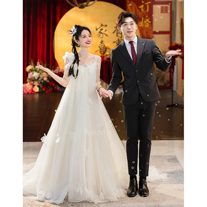 Simple Korea 3D Flowers Soft Tulle Wedding Dresses Elegant Photoshoot Sweetheart Pregnant Bride Gowns Birthday Party Customized