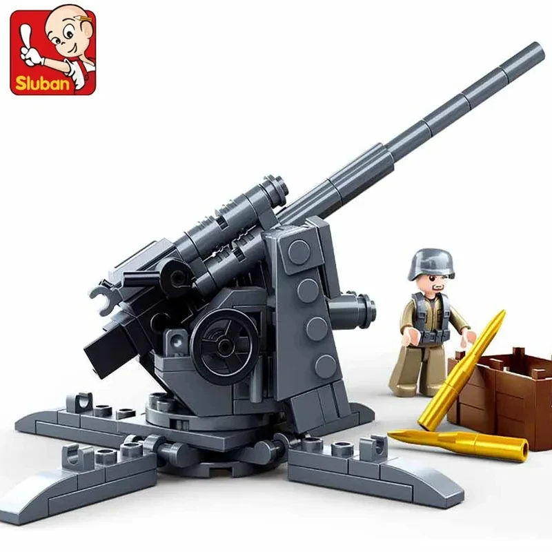 Sluban 115PCS WW2 Military Weapon Building Blocks Mortar Tower Anti-Tank Model Bricks With Figures DIY Toy For Kids Holiday Gift