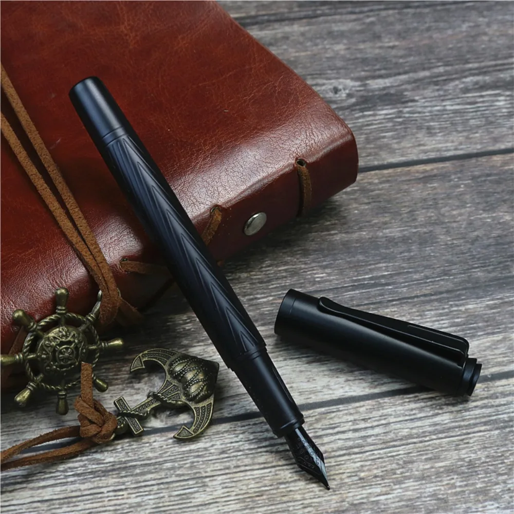 Titanium Nib Black Samurai Fountain Pen Tree Texture 0.5mm Nib Metal Fountain Pen Refillable Smooth Ink Pens Writing Supplies