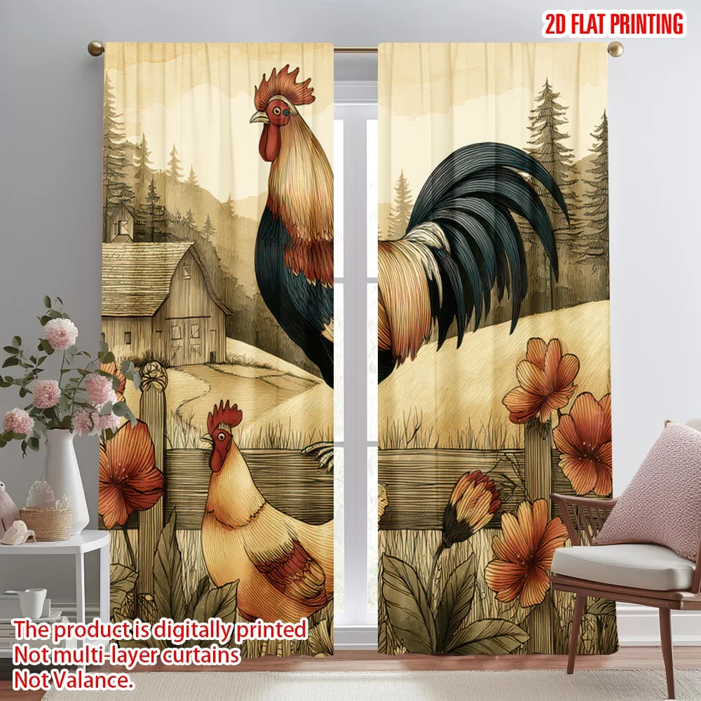

2D flat printing 2pcs Party Window Curtains Rustic Farm Rooster Scene Digital Printed Polyester Drapes Festive Holiday for Photo