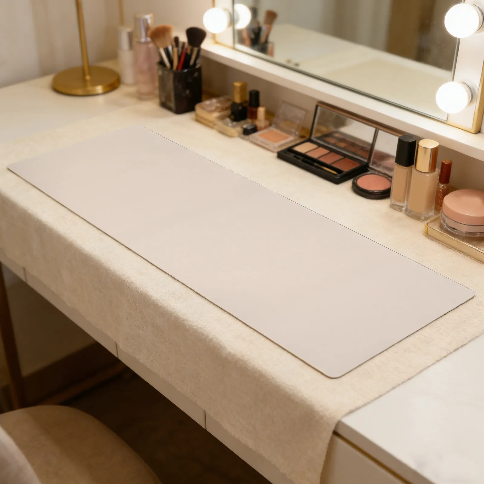 Waterproof Beige Vanity Mat 40x120cm Nonslip Makeup Desk Mat for Vanity Table Top Protector Dustproof Easy Clean