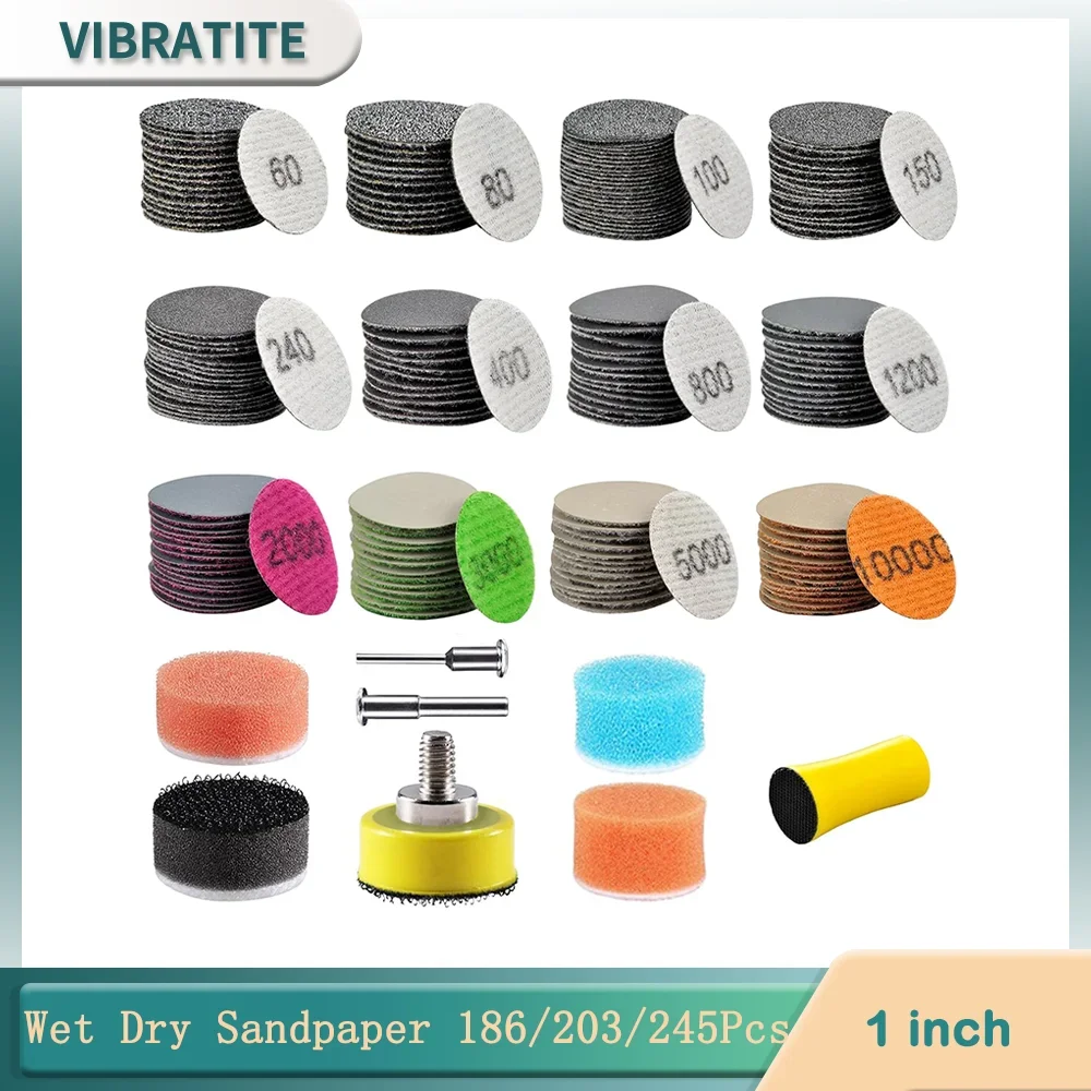 1-polegada-25mm-disco-de-lixamento-seco-molhado-186-203-245-pces-sortidos-grit-60-10000-com-1-8-1-4-haste-almofada-de-apoio-interface-almofada-de-lixamento