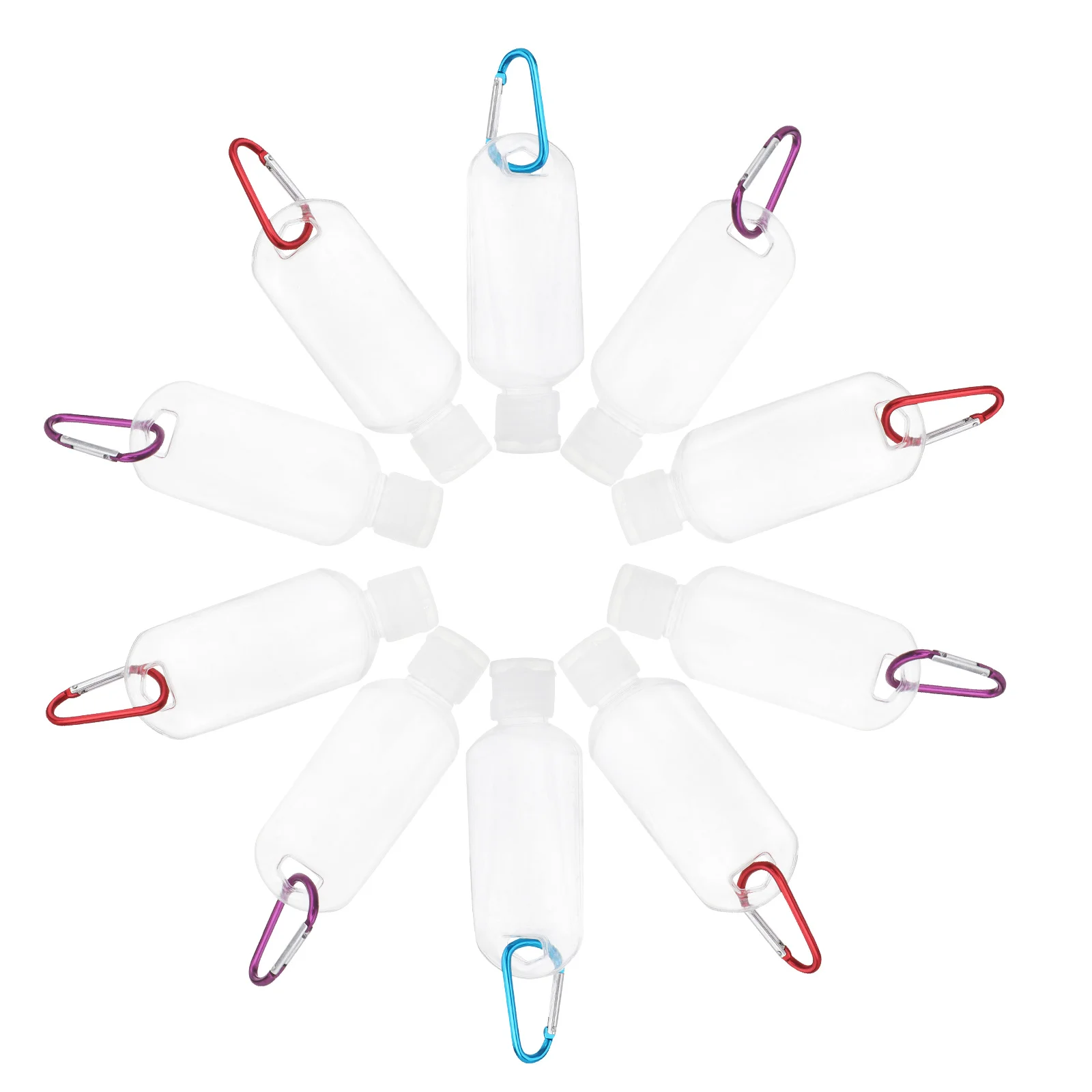 

10pcs 50Ml Hook Bottles Refillable Travel Container For Shampoo Lotion Sunscreen Organizer Carabiner Clip Portable Liquid