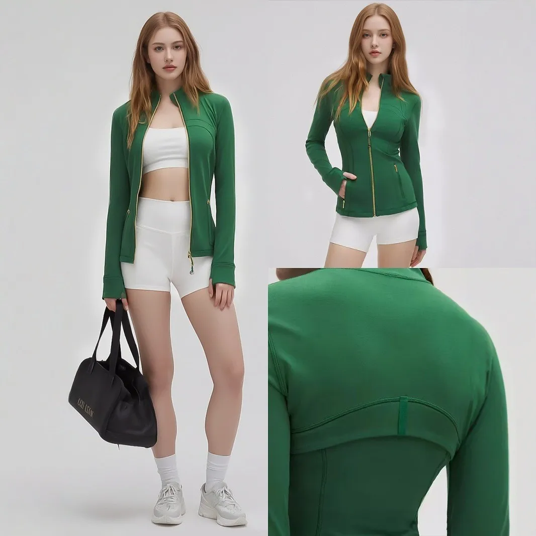 Women's New Spring & Summer 2.0 Version Stand Collar Gold Zipper High Stretch Sports Jacket - Ideal for Outdoor Running Yoga