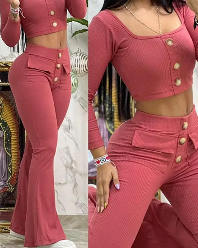 Elegante conjunto feminino de duas peças, roupa casual, top abotoado com gola quadrada, design de calças largas, nova moda, 2023