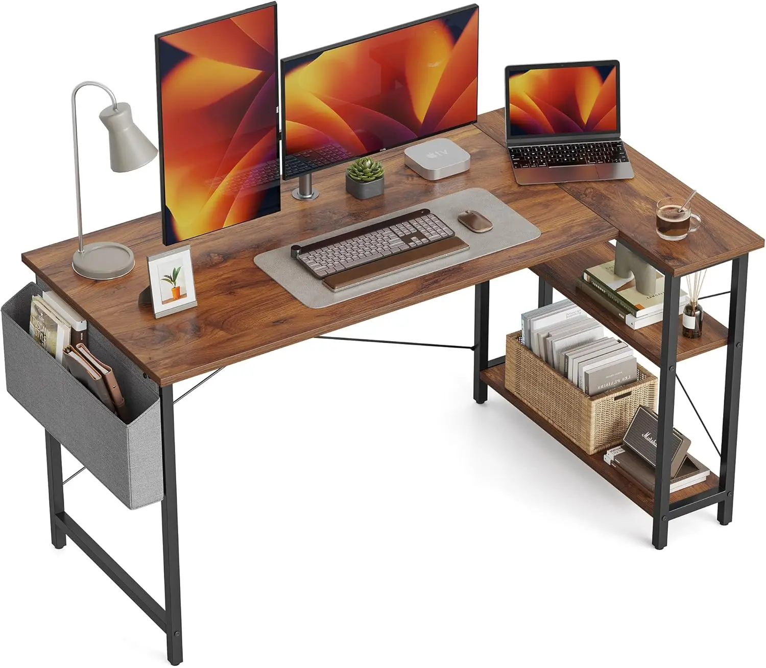 

55 Inch L-Shaped Corner Desk with Reversible Shelves, Deep Brown Home Office Computer Writing Table