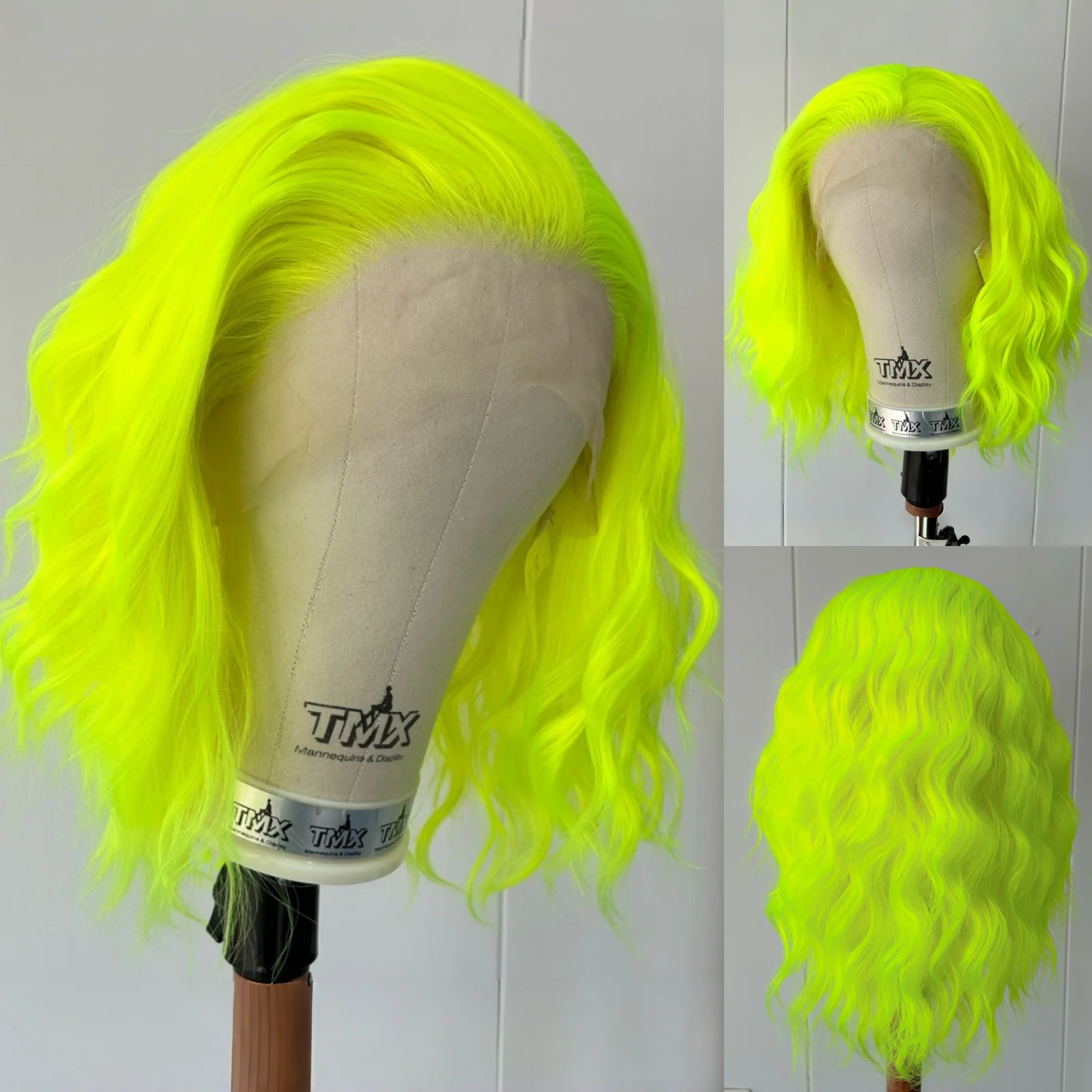 Neon Green Short Curly Bob Wigs for Women Free Part Synthetic Hair Loose Curly Wavy Yellow Bob Wig for Cosplay Costume Party