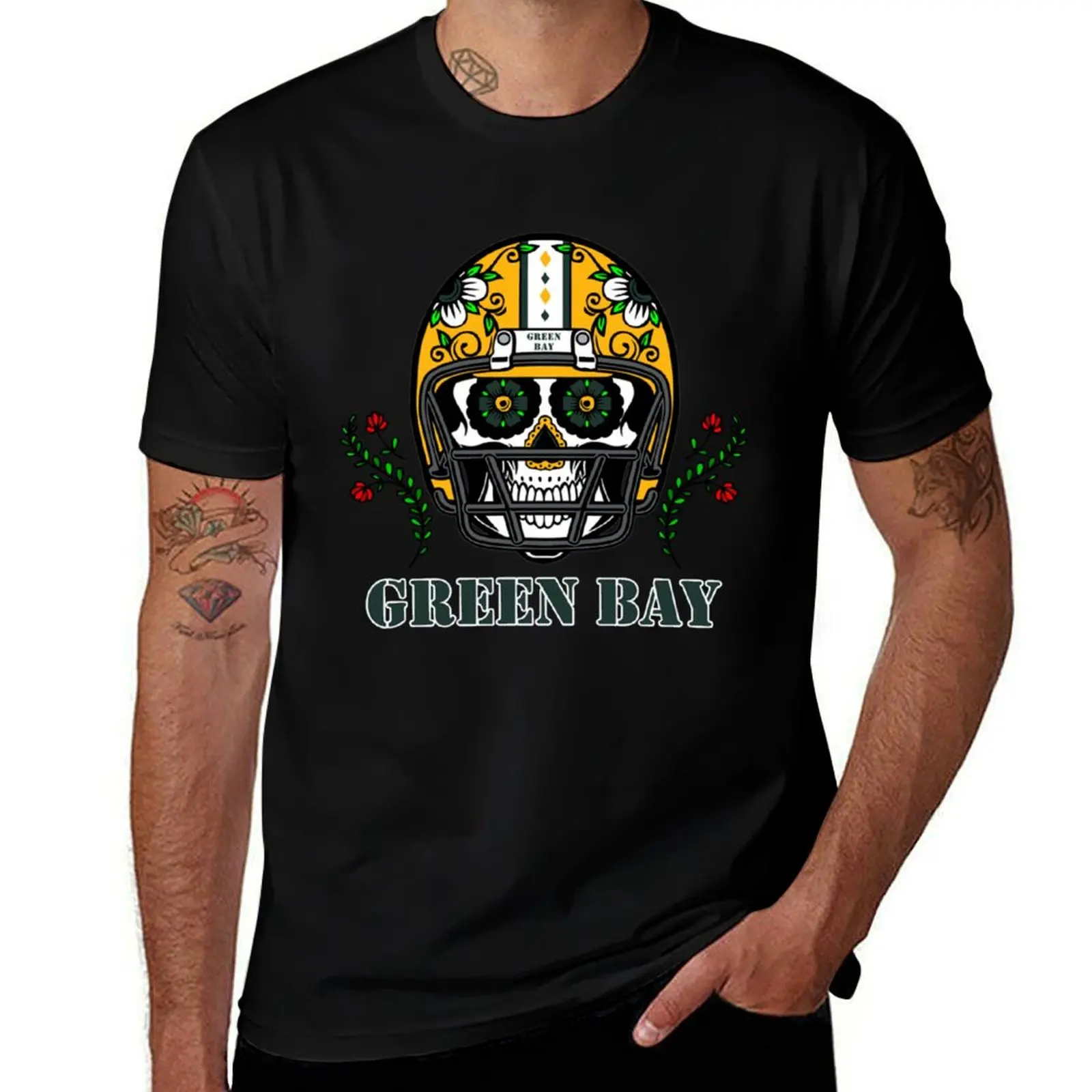 

Green Bay Football Helmet Sugar Skull Day Of The Dead T-Shirt graphic t shirts for man T-Shirt