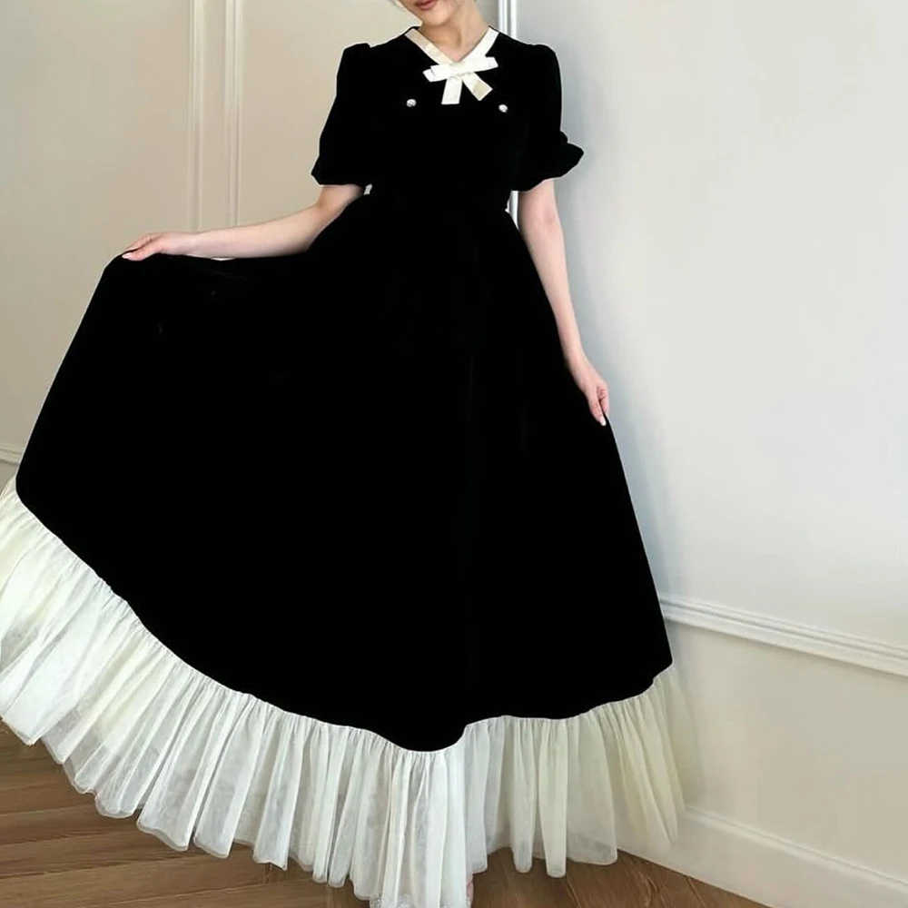 ชุดราตรีทรงเอไลน์แบบสั่งตัด ยาวกรอมพื้น คอวี แขนสั้น ชุดออกงานพรอม ดีไซน์โบว์เรียบง่าย ผ้าพลิ้ว ชุดลำลองสำหรับงานปาร์ตี้