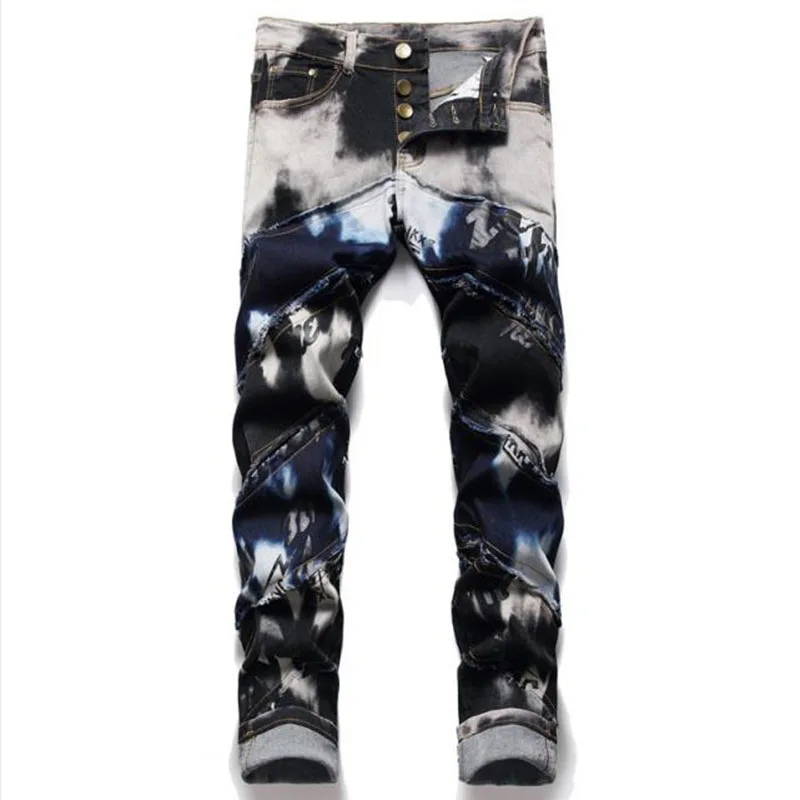 

2022 New Arrial Mens Slim Jeans Fashion Stitching Patch Skinny Printing Jeans Men Trousers Casual Male Denim Pants