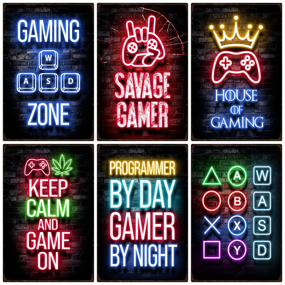 Vintage Gamer Quotes, Neon Light, Metal Tin Sign, Gaming Time Plates, Gaming Zone Decor for Playroom, Living Room Poster, WY197