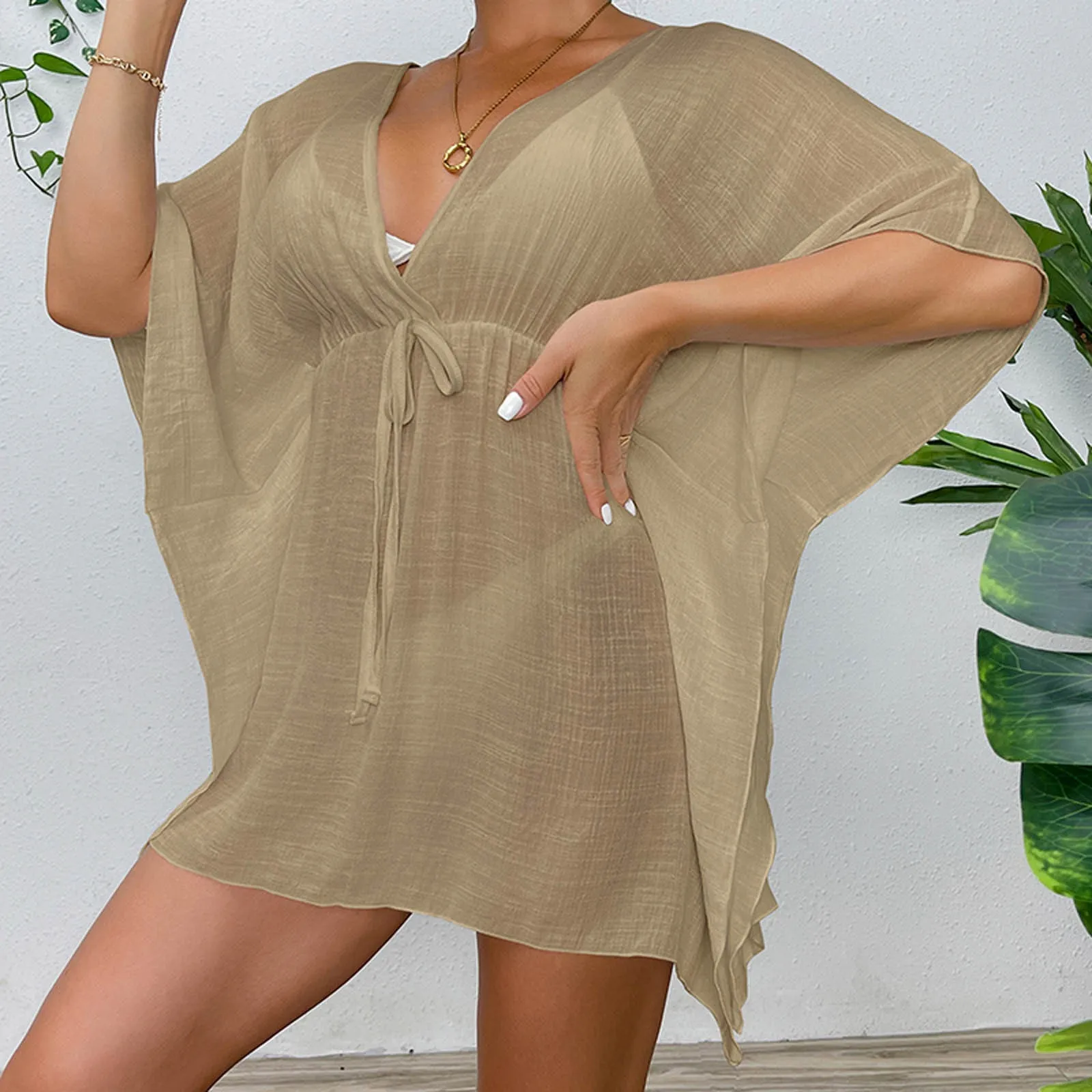 2024 Summer Women Swimsuit Cover Up Drawstring Kaftan V Neck Loose Wrap Dress Robe Solid See Through Beachwear Dresses