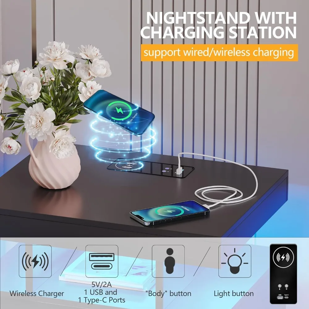 Smart Bedside Table With USB Port and Wireless Charger Bedside Table With Charging Station and LED Light With 2 Drawers Bedroom